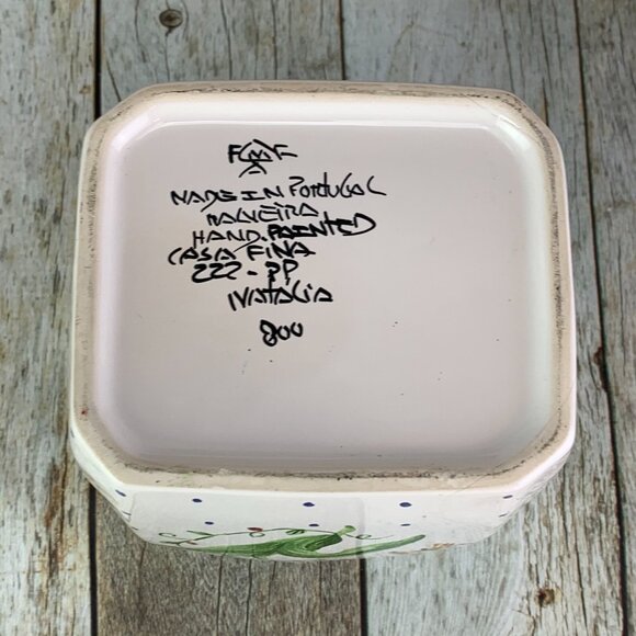 CasaFine Hand Painted Blue Polka Dot Butterfly Pink Flower Canister Jar Portugal - Picture 8 of 10